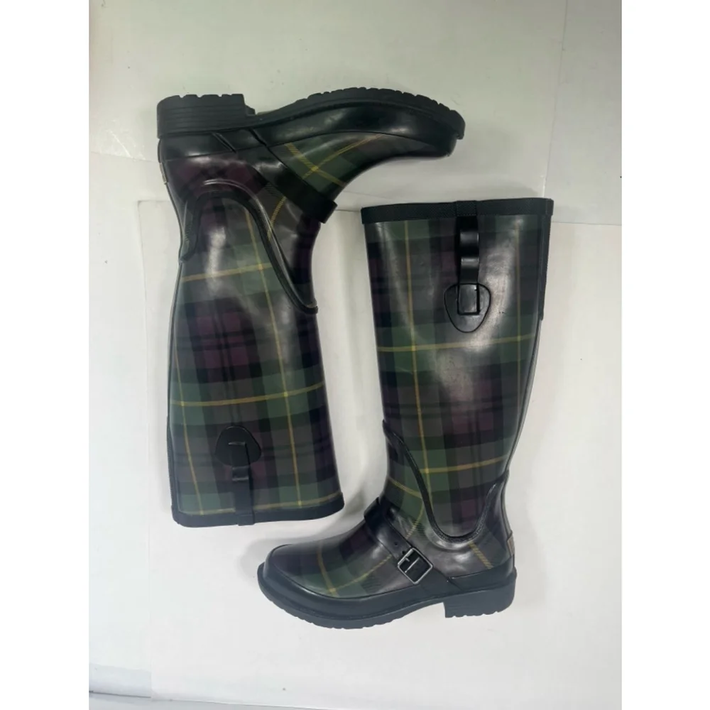 L.L.Bean Women's Green and Purple Plaid Rain Tall Boots Size‎ 7 Wellies Rubber